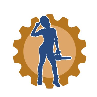 Makineli testere taşıyan kadın inşaat işçisinin silueti. Elektrikli testere tutan oduncu bir kadının silueti..