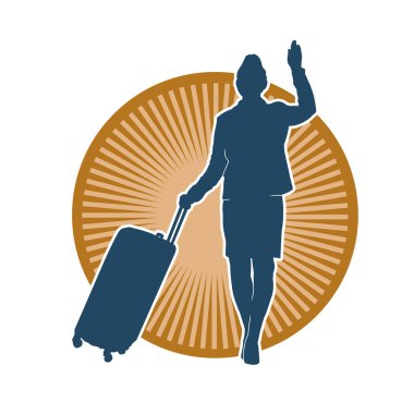 İnce moda bir kadın yolcunun silueti seyahat valizi taşıyor.