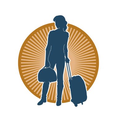 İnce moda bir kadın yolcunun silueti seyahat valizi taşıyor.