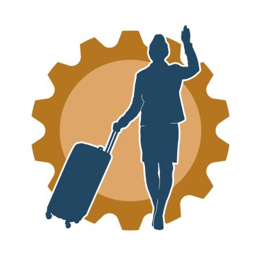 İnce moda bir kadın yolcunun silueti seyahat valizi taşıyor.