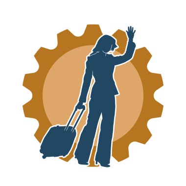 İnce moda bir kadın yolcunun silueti seyahat valizi taşıyor.