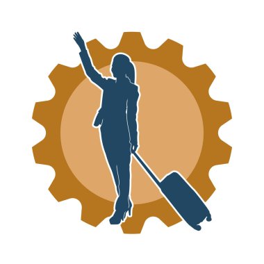 İnce moda bir kadın yolcunun silueti seyahat valizi taşıyor.