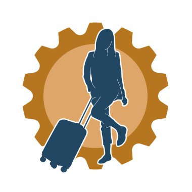 İnce moda bir kadın yolcunun silueti seyahat valizi taşıyor.