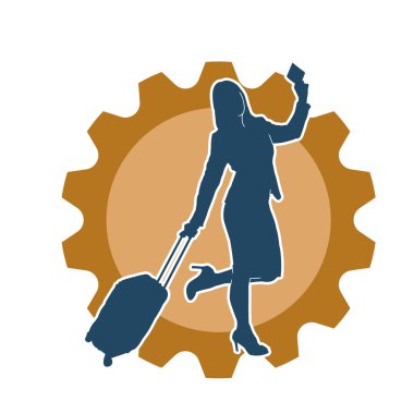 İnce moda bir kadın yolcunun silueti seyahat valizi taşıyor.