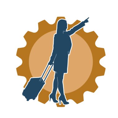 İnce moda bir kadın yolcunun silueti seyahat valizi taşıyor.