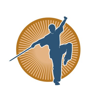 Kung fu 'nun silueti ya da Wushu dövüş sanatları sporcusu pozu. Kılıçlı bir erkek dövüş sanatının silueti..