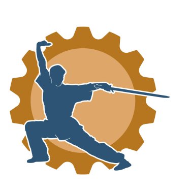 Kung fu 'nun silueti ya da Wushu dövüş sanatları sporcusu pozu. Kılıçlı bir erkek dövüş sanatının silueti..