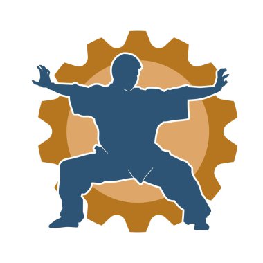 Doğu dövüş sanatı pozu veren bir adamın silueti. Dövüş sanatlarında bir erkeğin silueti..