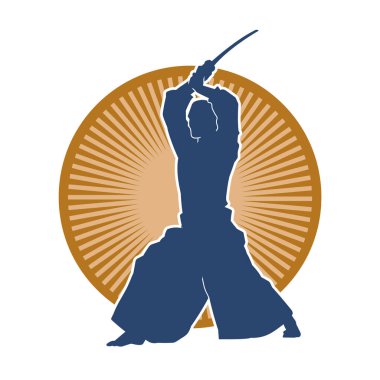 Harekete geçmiş bir kılıç savaşçısı silueti. Kılıç taşıyan bir dövüş sanatçısı silueti. Kendo dövüş sanatının silueti..