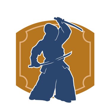 Harekete geçmiş bir kılıç savaşçısı silueti. Kılıç taşıyan bir dövüş sanatçısı silueti. Kendo dövüş sanatının silueti..