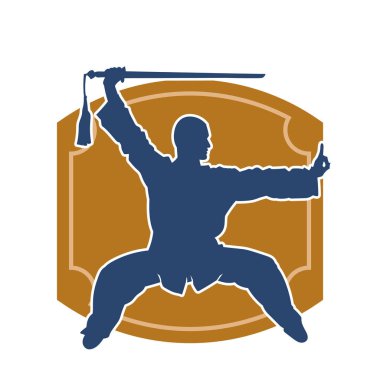 Dövüş sanatlarında kılıç kullanan bir erkeğin silueti. Dövüş sanatları kılıç hareketleri yapan bir adamın silueti..