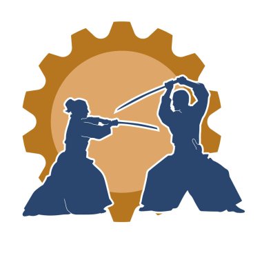 Harekete geçmiş bir kılıç savaşçısı silueti. Kılıç taşıyan bir dövüş sanatçısı silueti. Kendo dövüş sanatının silueti..