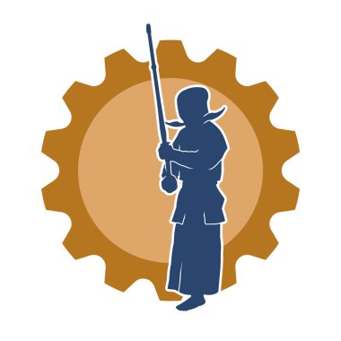 Harekete geçmiş bir kılıç savaşçısı silueti. Kılıç taşıyan bir dövüş sanatçısı silueti. Kendo dövüş sanatının silueti..