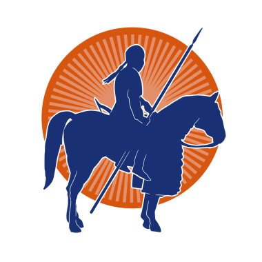 Mızrak taşıyan atlı süvari askerinin silueti. Üzerinde bir erkek asker olan bir atın silueti..
