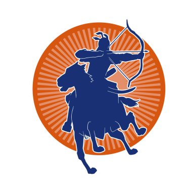 Eski bir süvari askerinin silueti okçuluk silahına nişan alıyor. Koşan atında bir okçunun silüeti..