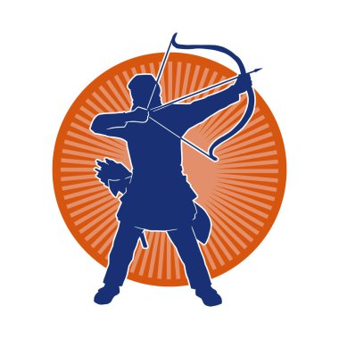 Hareketli erkek okçu savaşçısının silueti. Okçuluk silahı taşıyan bir adamın silueti..