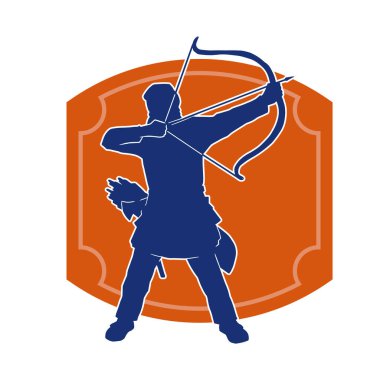 Hareketli erkek okçu savaşçısının silueti. Okçuluk silahı taşıyan bir adamın silueti..