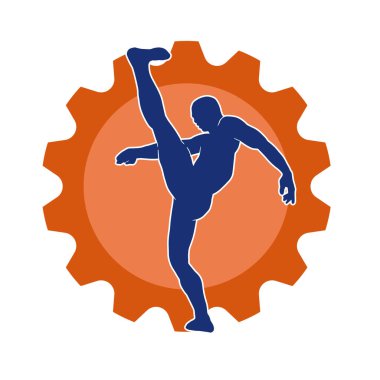 Dövüş sanatları pozu veren bir erkeğin silueti. Dövüş sanatları ustasının silueti tekme atma pozu veriyor..