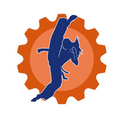 Dövüş sanatları tekmesi atan bir kadının silueti. Sportif bir kadının silueti tekme hareketi yapıyor..