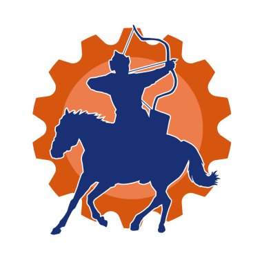 Eski bir süvari askerinin silueti okçuluk silahına nişan alıyor. Koşan atında bir okçunun silüeti..