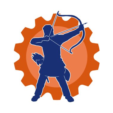 Hareketli erkek okçu savaşçısının silueti. Okçuluk silahı taşıyan bir adamın silueti..