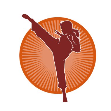 Dövüş sanatları tekmesi atan bir kadının silueti. Sportif bir kadının silueti tekme hareketi yapıyor..