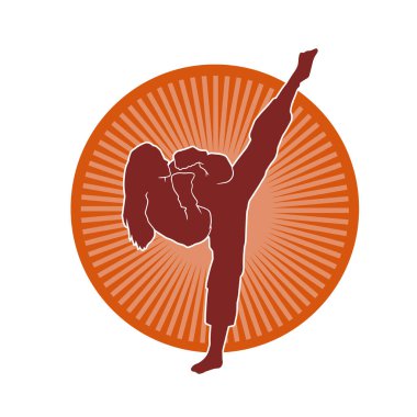 Dövüş sanatları tekmesi atan bir kadının silueti. Sportif bir kadının silueti tekme hareketi yapıyor..
