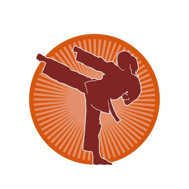 Dövüş sanatları tekmesi atan bir kadının silueti. Sportif bir kadının silueti tekme hareketi yapıyor..
