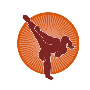 Dövüş sanatları tekmesi atan bir kadının silueti. Sportif bir kadının silueti tekme hareketi yapıyor..