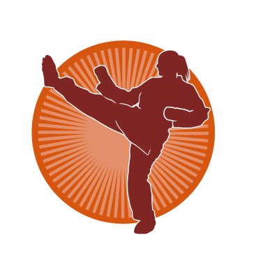 Dövüş sanatları tekmesi atan bir kadının silueti. Sportif bir kadının silueti tekme hareketi yapıyor..