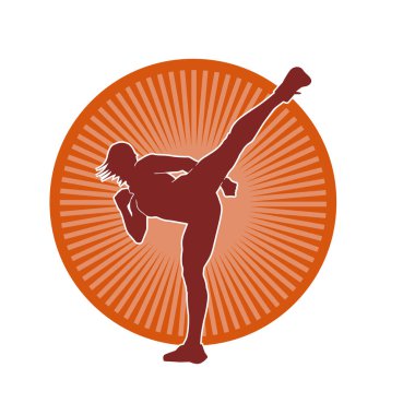 Dövüş sanatları tekmesi atan bir kadının silueti. Sportif bir kadının silueti tekme hareketi yapıyor..