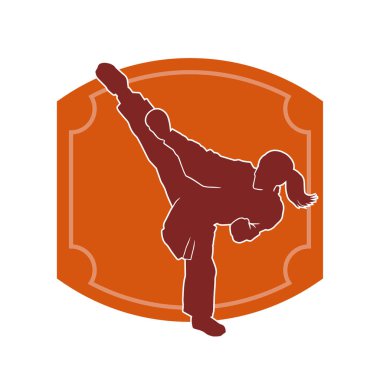 Dövüş sanatları tekmesi atan bir kadının silueti. Sportif bir kadının silueti tekme hareketi yapıyor..