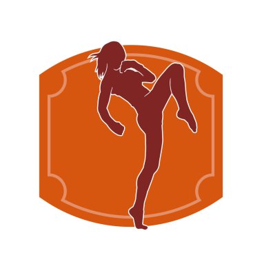 Dövüş sanatları tekmesi atan bir kadının silueti. Sportif bir kadının silueti tekme hareketi yapıyor..