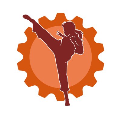 Dövüş sanatları tekmesi atan bir kadının silueti. Sportif bir kadının silueti tekme hareketi yapıyor..