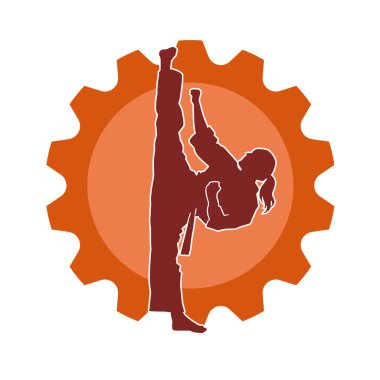 Dövüş sanatları tekmesi atan bir kadının silueti. Sportif bir kadının silueti tekme hareketi yapıyor..