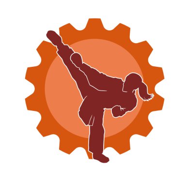 Dövüş sanatları tekmesi atan bir kadının silueti. Sportif bir kadının silueti tekme hareketi yapıyor..