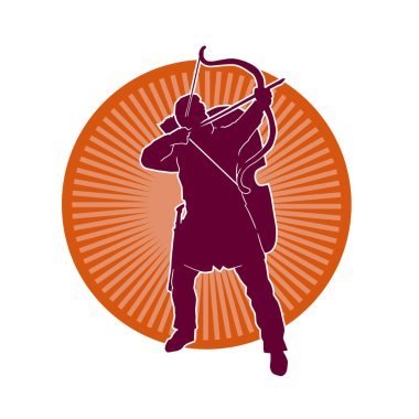 Hareketli erkek okçu savaşçısının silueti. Okçuluk silahı taşıyan bir adamın silueti..