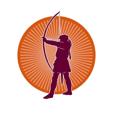 Hareketli erkek okçu savaşçısının silueti. Okçuluk silahı taşıyan bir adamın silueti..