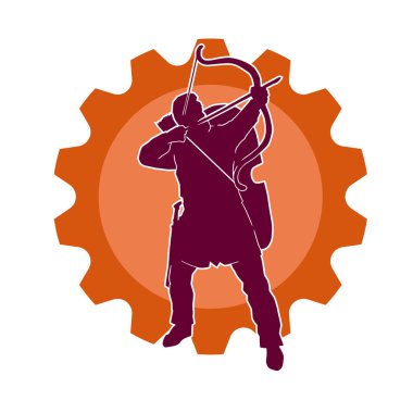 Hareketli erkek okçu savaşçısının silueti. Okçuluk silahı taşıyan bir adamın silueti..