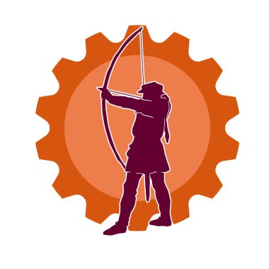 Hareketli erkek okçu savaşçısının silueti. Okçuluk silahı taşıyan bir adamın silueti..