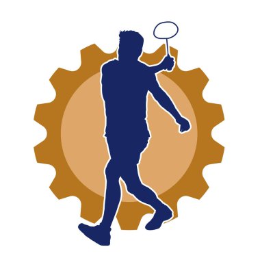 Badminton sporu yapan zayıf bir erkek atletin silueti. Badminton oynayan bir adamın silueti..