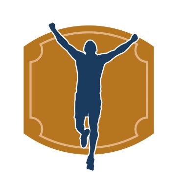 Koşarken el kaldıran bir adamın silüeti. Bir koşucunun silueti koşu yarışmasını kazanır.