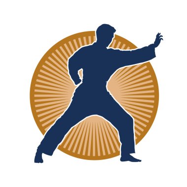 Doğu dövüş sanatı pozu veren bir adamın silueti. Dövüş sanatlarında bir erkeğin silueti..