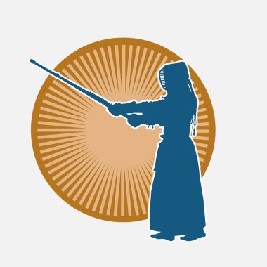 Maske takan ve bambu kılıç taşıyan bir Kendo dövüş sanatçısı silueti..