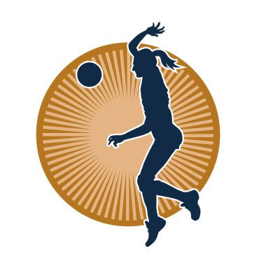 Hareketli bir kadın voleybol oyuncusunun silueti. Voleybol oynayan bir kadının silueti..
