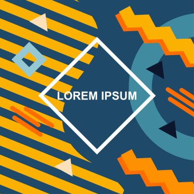 Çeşitli geometrik şekilli, süslemeli ve metin alanlı soyut arkaplan kare kartı. Geometrik memphis tarzıyla kare duvar kağıdı.