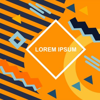 Çeşitli geometrik şekilli, süslemeli ve metin alanlı soyut arkaplan kare kartı. Geometrik memphis tarzıyla kare duvar kağıdı.