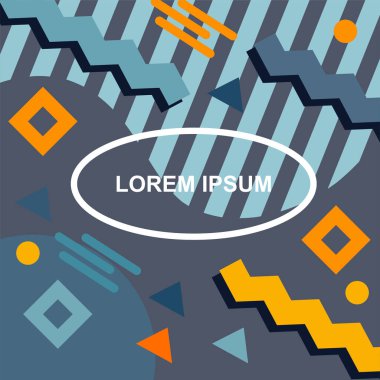 Çeşitli geometrik şekilli, süslemeli ve metin alanlı soyut arkaplan kare kartı. Geometrik memphis tarzıyla kare duvar kağıdı.