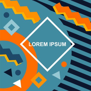 Çeşitli geometrik şekilli, süslemeli ve metin alanlı soyut arkaplan kare kartı. Geometrik memphis tarzıyla kare duvar kağıdı.