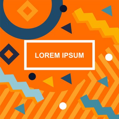 Çeşitli geometrik şekilli, süslemeli ve metin alanlı soyut arkaplan kare kartı. Geometrik memphis tarzıyla kare duvar kağıdı.